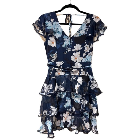 City Chic Navy Orchid V Neck Short Sleeve Floral Print Dress (XS /14) - Picture 4 of 9